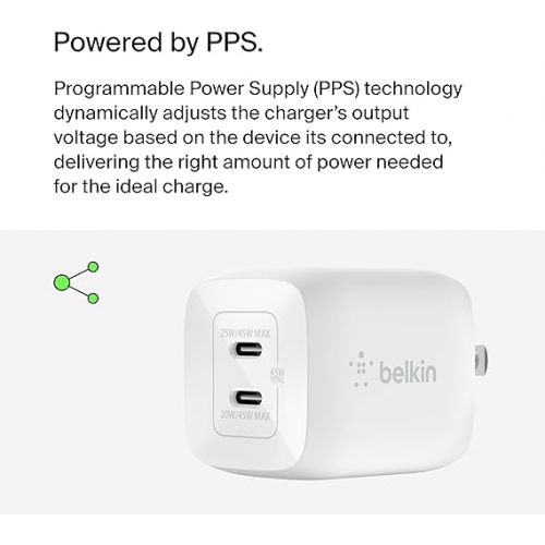 벨킨 Belkin 45W Dual USB-C Wall Charger, Fast Charging Power Delivery 3.0 w/ GaN Technology for iPhone 15, 13, Mini, iPad Pro 12.9, MacBook, Galaxy S23, & More - White