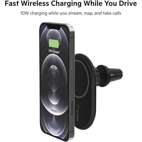 벨킨 Belkin Magnetic Wireless Car Charger Mount for iPhone 14, 13, 12 - MagSafe Compatible Car Charger with Vent Clip