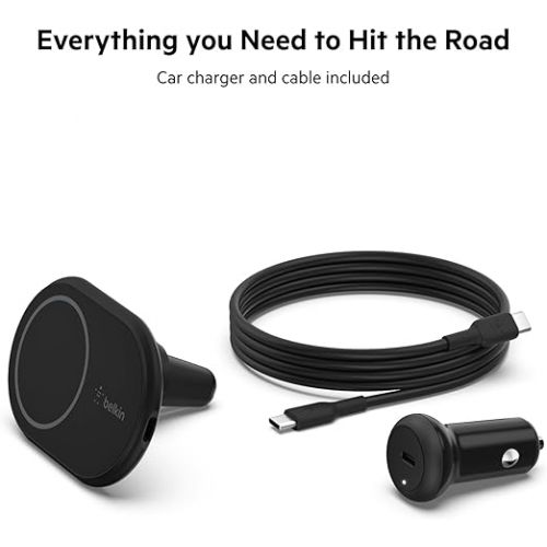 벨킨 Belkin Magnetic Wireless Car Charger Mount for iPhone 14, 13, 12 - MagSafe Compatible Car Charger with Vent Clip