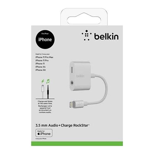 벨킨 Belkin RockStar Lightning Audio Cable and Charger for iPhone 14, 13, 12, 11, 10 - White