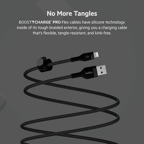 벨킨 Belkin BoostCharge Pro Flex Braided USB Type A to Lightning Cable (1M/3.3FT), MFi Certified Charging Cable for iPhone 13, 12, 11, Pro, Max, Mini, SE, iPad and More, 2-Pack, Black