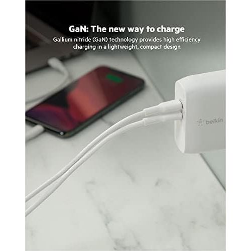 벨킨 Belkin BoostCharge USB C 68W GaN Wall Charger with Dual Ports - iPhone Charger Fast Charging, Type C Charger, USB C Charger w/ PD for Samsung Galaxy, iPad Pro, Macbook Pro, Includes 2M USB C Cable