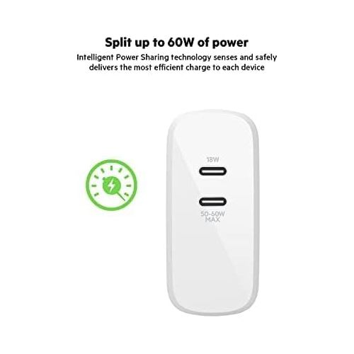 벨킨 Belkin BoostCharge USB C 68W GaN Wall Charger with Dual Ports - iPhone Charger Fast Charging, Type C Charger, USB C Charger w/ PD for Samsung Galaxy, iPad Pro, Macbook Pro, Includes 2M USB C Cable