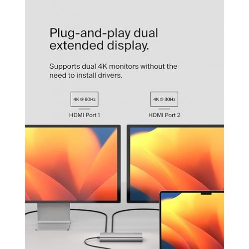 벨킨 Belkin Connect Universal USB-C 8-in-1 Dual Display Core Hub w/Silicon Motion Technology - Compatible with Mac, Windows, and Chromebook - 100W PD w/ 10Gbps Transfer Speeds & 1GbE Ethernet - Silver