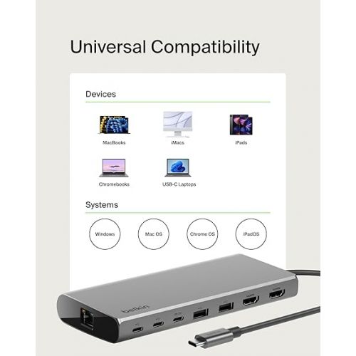 벨킨 Belkin Connect Universal USB-C 8-in-1 Dual Display Core Hub w/Silicon Motion Technology - Compatible with Mac, Windows, and Chromebook - 100W PD w/ 10Gbps Transfer Speeds & 1GbE Ethernet - Silver