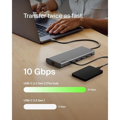 벨킨 Belkin Connect Universal USB-C 8-in-1 Dual Display Core Hub w/Silicon Motion Technology - Compatible with Mac, Windows, and Chromebook - 100W PD w/ 10Gbps Transfer Speeds & 1GbE Ethernet - Silver