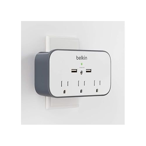 벨킨 Belkin Wall Surge Protector - 3 Outlet w/ 2 USB Ports Mount with Premium Protection Against Surges Safe Charge for Mobile Devices, Tablets & More (540 Joules)