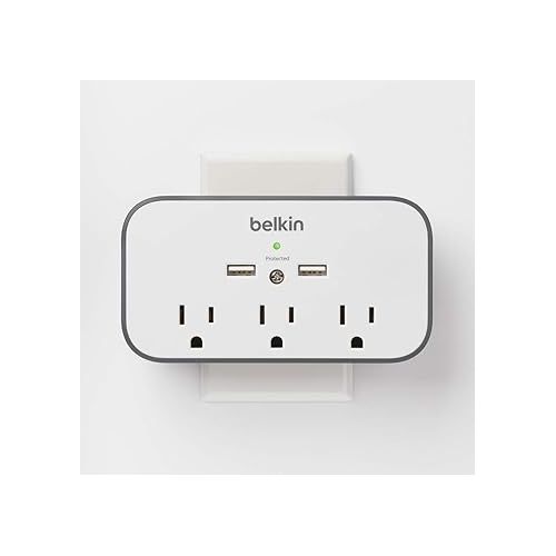 벨킨 Belkin Wall Surge Protector - 3 Outlet w/ 2 USB Ports Mount with Premium Protection Against Surges Safe Charge for Mobile Devices, Tablets & More (540 Joules)