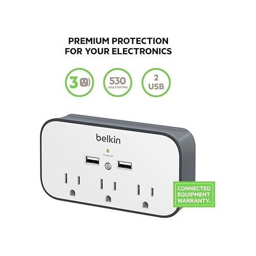 벨킨 Belkin Wall Surge Protector - 3 Outlet w/ 2 USB Ports Mount with Premium Protection Against Surges Safe Charge for Mobile Devices, Tablets & More (540 Joules)