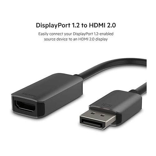 벨킨 Belkin HDMI to DisplayPort Adapter, DisplayPort 1.2 to HDMI 2.0 Converter - Compatible with 4K 60fps, HDR & HDR10 Monitors, Projectors, and HDTVs - Uni-Directional DisplayPort to HDMI Adapter Cable