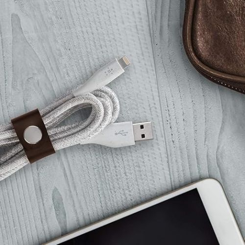 벨킨 Belkin DuraTek Plus USB Lightning Cable - USB-A Cable with Leather Strap - Ultra-Strong Charging Cable With Flexible Insulation - Compatible with iPhone, iPad, Airpods and More - 4ft/1.2m (Black)