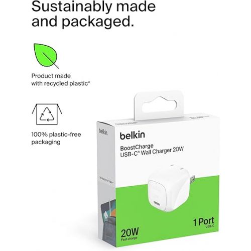 벨킨 Belkin BoostCharge 20W Cubic Wall Charger, USB-C Power Delivery Fast Charging for Apple iPhone 15, 15 Plus, 15 Pro, 15 Pro Max, 14, 14 Pro, 14 Pro Max, Samsung Galaxy S24, iPad, AirPods & More - White