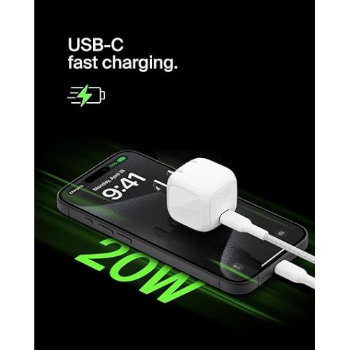 벨킨 Belkin BoostCharge 20W Cubic Wall Charger, USB-C Power Delivery Fast Charging for Apple iPhone 15, 15 Plus, 15 Pro, 15 Pro Max, 14, 14 Pro, 14 Pro Max, Samsung Galaxy S24, iPad, AirPods & More - White