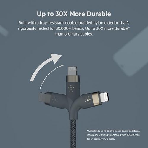 벨킨 Belkin BoostCharge Pro Flex Braided USB Type A to Lightning Cable (2M/6.6FT), MFi Certified Charging Cable for iPhone 14, 13, 12, 11, Pro, Max, Mini, SE, iPad - Blue