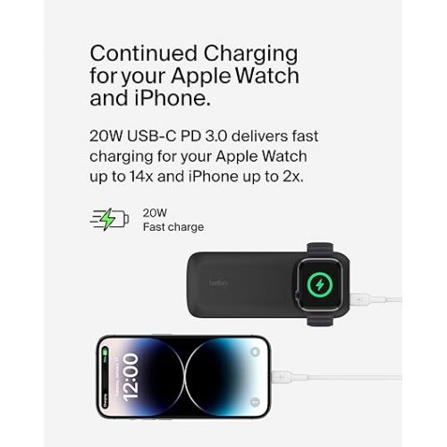 벨킨 Belkin Wireless Charger Apple Watch Power Bank 10K with 12-inch USB-C to USB-C Cable, 33% Faster Charging - Simultaneous Charging for Apple Watch Series 9, iPhone 15, and More - 20W USB-C PD - Black