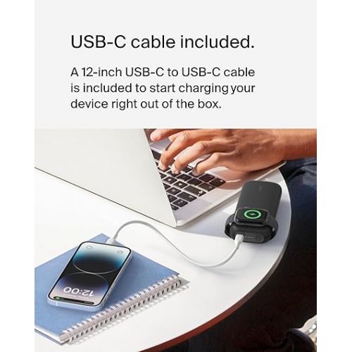 벨킨 Belkin Wireless Charger Apple Watch Power Bank 10K with 12-inch USB-C to USB-C Cable, 33% Faster Charging - Simultaneous Charging for Apple Watch Series 9, iPhone 15, and More - 20W USB-C PD - Black