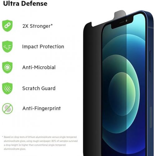 벨킨 Belkin ScreenForce UltraGlass iPhone 12/12 Pro, Privacy Antimicrobial-Treated Screen Protector with Easy Align Tray for Bubble Free, Convenient Installation
