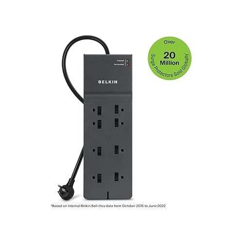 벨킨 Belkin Power Strip Surge Protector with 12 AC Multiple Outlets, 10 ft Long Flat Plug Heavy Duty Extension Cord for Home, Office, Travel, Computer Desktop, Laptop & Phone Charging Bricks (4,156 Joules)