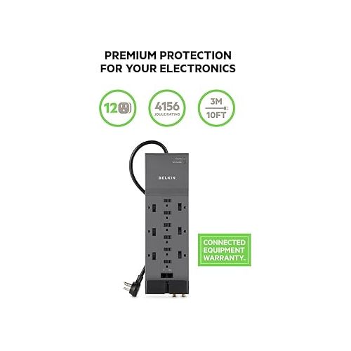 벨킨 Belkin Power Strip Surge Protector with 12 AC Multiple Outlets, 10 ft Long Flat Plug Heavy Duty Extension Cord for Home, Office, Travel, Computer Desktop, Laptop & Phone Charging Bricks (4,156 Joules)