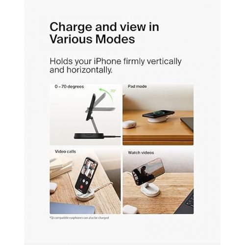 벨킨 Belkin BoostCharge Pro 15W Convertible Magnetic Charging Stand, MagSafe-Compatible Fast Qi2 Charger for Apple iPhone 15, 15 Plus, 15 Pro, 15 Pro Max, iPhone 14 & 13, Apple Airpods Pro, & More - White