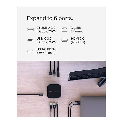 벨킨 Belkin Connect USB-C 6-in-1 Core GaN Dock 130W, Multiport Docking Station w/ 96W PD to Peripherals, USB-C, USB-A, Gigabit Ethernet, & HDMI 4K Ports for Gaming, MacBook Pro, PC Laptops, & Chromebook