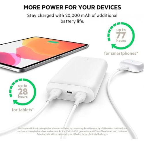 벨킨 Belkin BoostCharge 20k mAh Power Bank, Portable USB-C Charger, Phone Charger Battery Pack for iPhone 14, iPhone 13, iPhone 12 w/ USB-C Cable Included - White