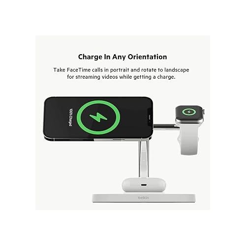 벨킨 Belkin BoostCharge PRO 3-in-1 Wireless Charger with MagSafe for iPhone 13, 12 + Apple Watch + AirPods (Magnetically Charges iPhone 13 and 12 Models up to 15W)