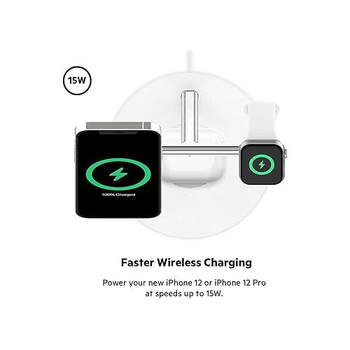 벨킨 Belkin BoostCharge PRO 3-in-1 Wireless Charger with MagSafe for iPhone 13, 12 + Apple Watch + AirPods (Magnetically Charges iPhone 13 and 12 Models up to 15W)