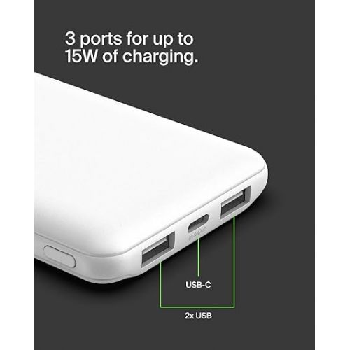 벨킨 Belkin BoostCharge USB-C Portable Charger 10k Power Bank w/ 1 USB-C Port and 2 USB-A Ports with USB-A to USB-C Cable for iPhone 15, 15 Plus, 15 Pro, 15 Pro Max, Samsung Galaxy S24, & More - White