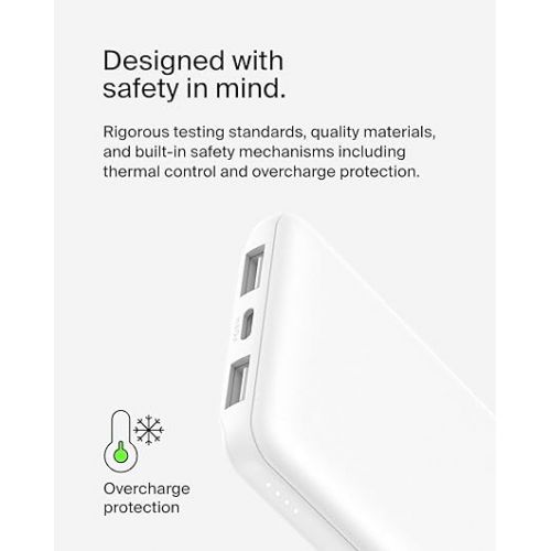 벨킨 Belkin BoostCharge USB-C Portable Charger 10k Power Bank w/ 1 USB-C Port and 2 USB-A Ports with USB-A to USB-C Cable for iPhone 15, 15 Plus, 15 Pro, 15 Pro Max, Samsung Galaxy S24, & More - White