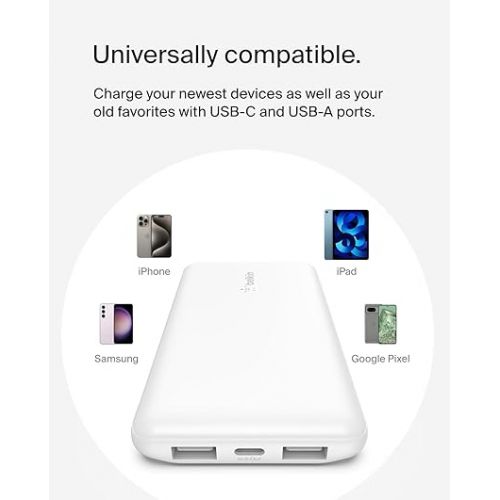 벨킨 Belkin BoostCharge USB-C Portable Charger 10k Power Bank w/ 1 USB-C Port and 2 USB-A Ports with USB-A to USB-C Cable for iPhone 15, 15 Plus, 15 Pro, 15 Pro Max, Samsung Galaxy S24, & More - White