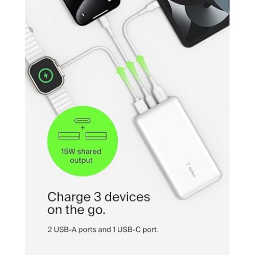 벨킨 Belkin BoostCharge USB-C Portable Charger 10k Power Bank w/ 1 USB-C Port and 2 USB-A Ports with USB-A to USB-C Cable for iPhone 15, 15 Plus, 15 Pro, 15 Pro Max, Samsung Galaxy S24, & More - White