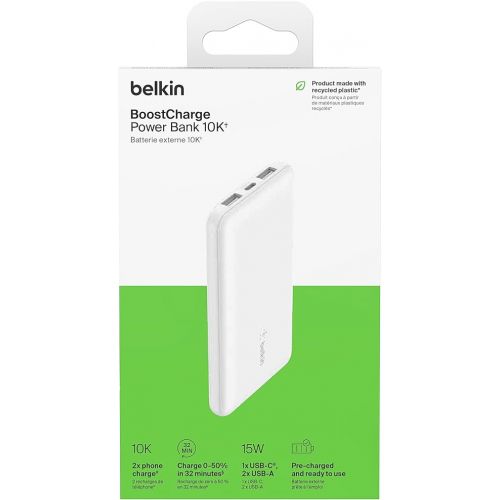 벨킨 Belkin BoostCharge USB-C Portable Charger 10k Power Bank w/ 1 USB-C Port and 2 USB-A Ports with USB-A to USB-C Cable for iPhone 15, 15 Plus, 15 Pro, 15 Pro Max, Samsung Galaxy S24, & More - White