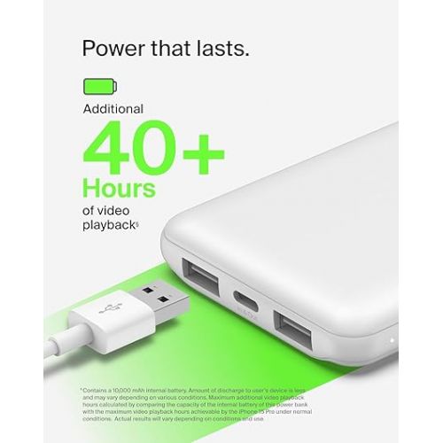 벨킨 Belkin BoostCharge USB-C Portable Charger 10k Power Bank w/ 1 USB-C Port and 2 USB-A Ports with USB-A to USB-C Cable for iPhone 15, 15 Plus, 15 Pro, 15 Pro Max, Samsung Galaxy S24, & More - White