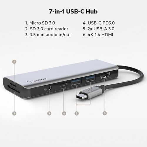 벨킨 Belkin USB-C Hub, 7-in-1 MultiPort Docking Station for MacBook & Windows - 85W USB-C Power Delivery 3.0, 4K HDMI 1.4, 2x USB-A 3.0, SD 3.0, Micro SD 3.0, & 3.5mm Audio Jack