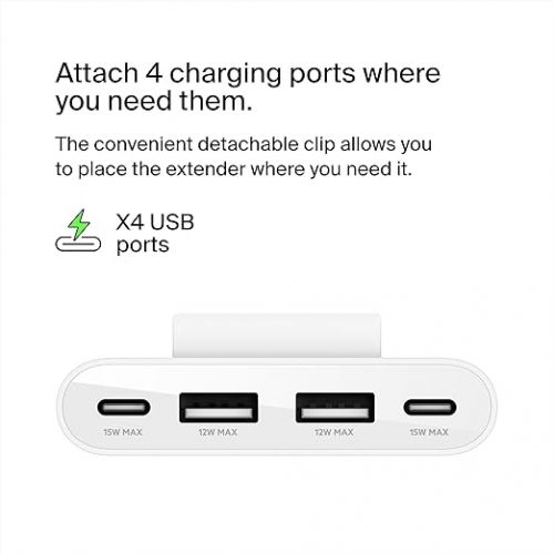 벨킨 Belkin BoostCharge?4-Port USB Power Extender for Apple iPhone, iPad, Samsung Galaxy - Compatible w/USB-C & USB-A Connections - White