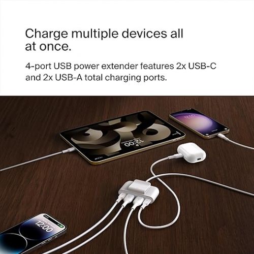 벨킨 Belkin BoostCharge?4-Port USB Power Extender for Apple iPhone, iPad, Samsung Galaxy - Compatible w/USB-C & USB-A Connections - White