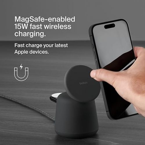 벨킨 Belkin 2-in-1 MagSafe Wireless Charging Dock 15W Fast Charge iPhone Charger Compatible with iPhone 15, 14, 13, and 12 Series, AirPods, and Other MagSafe Enabled Devices, Includes Power Supply - Black