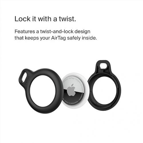 벨킨 Belkin Apple AirTag Secure Holder with Key Ring - Durable Scratch Resistant Case With Open Face & Raised Edges - Protective AirTag Keychain Accessory For Keys, Pets, Luggage, Backpacks -2 Count Black