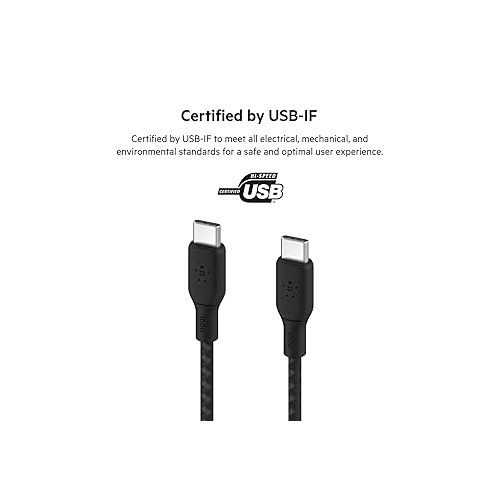 벨킨 Belkin USB-C to USB-C Cable, BoostCharge Braided Power Cable (2M, 6.6ft), Fast Charging Cable w/ 100W Power Delivery, USB-IF Certified for iPhone 15, MacBook, Chromebook, Samsung Galaxy & More - Black