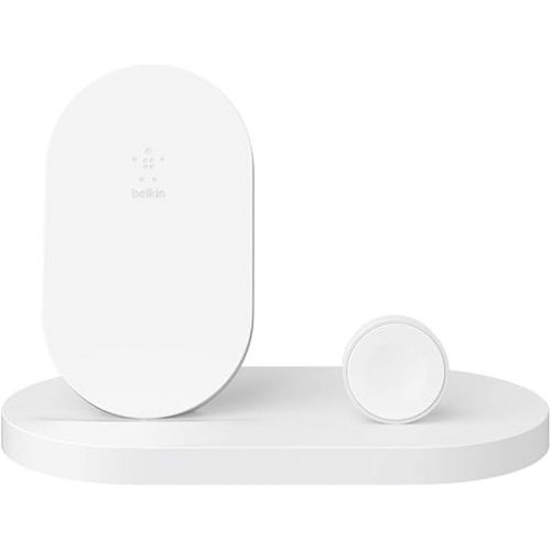 벨킨 Belkin 3-In-1 Wireless Charging Station - Fast Wireless Charging For Apple Iphone 14, Iphone 13 & Iphone 12 Series & Apple Watch (All Series) - With Additional USB A Port For Multiple Devices (White)