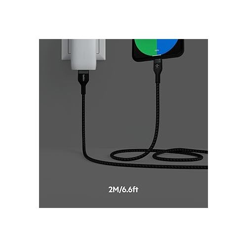 벨킨 Belkin BoostCharge Pro Flex Braided USB-C to USB-A Cable (2M/6.6FT), Type C to A Cable USB-C USB-IF Certified Fast Charging Cable for iPhone 15, iPad Pro, Galaxy S23, S22, Note, Pixel, & More - Black