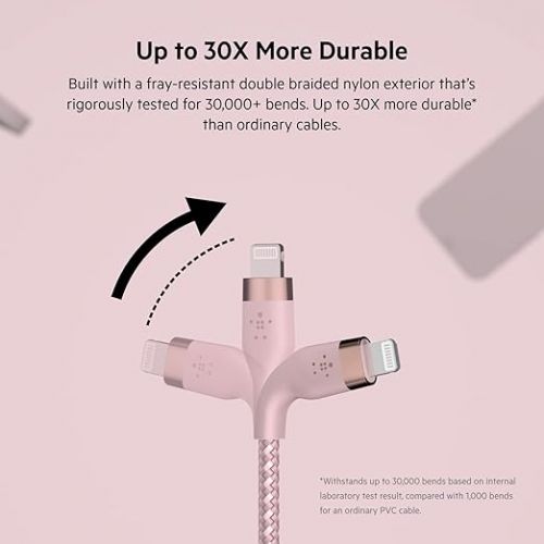 벨킨 Belkin BoostCharge Pro 2 Pack Flex Braided USB Type A to Lightning Cable (3M/10FT), MFi Charging Certified Compatible with iPhone 14, 14 Plus, 14 Pro, 14 Pro Max, 13, Mini, SE, 12, iPad, AirPods-Pink