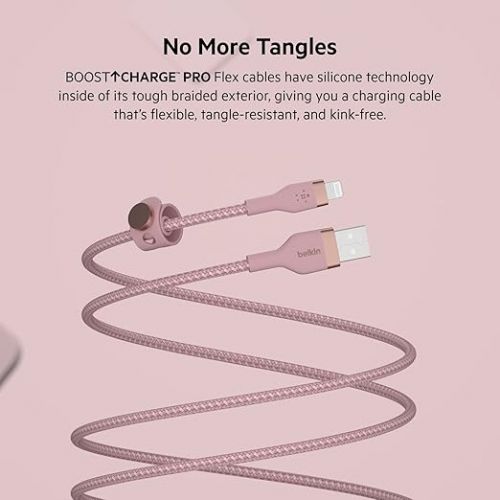 벨킨 Belkin BoostCharge Pro 2 Pack Flex Braided USB Type A to Lightning Cable (3M/10FT), MFi Charging Certified Compatible with iPhone 14, 14 Plus, 14 Pro, 14 Pro Max, 13, Mini, SE, 12, iPad, AirPods-Pink