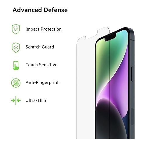 벨킨 Belkin TemperedGlass iPhone 14 Plus, iPhone 13 Pro Max, Plus Screen Protector Easy Bubble Free Application with Included Installation Guide Stickers, 9H Hardness Tested