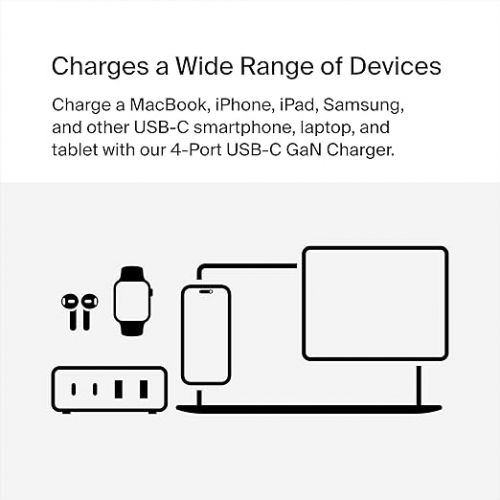 벨킨 Belkin 108W GaN USB Charging Station for Multiple Devices, 2 Type C + 2 Type A Ports Fast Desktop Charger Dock Hub for iPhone, Apple Watch, iPad Pro, Air, Mini, MacBook Pro 16” 14” and Air - Black