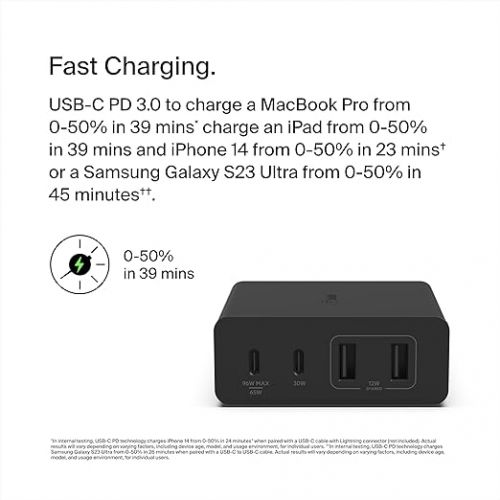 벨킨 Belkin 108W GaN USB Charging Station for Multiple Devices, 2 Type C + 2 Type A Ports Fast Desktop Charger Dock Hub for iPhone, Apple Watch, iPad Pro, Air, Mini, MacBook Pro 16” 14” and Air - Black