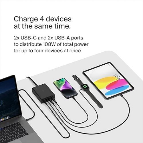 벨킨 Belkin 108W GaN USB Charging Station for Multiple Devices, 2 Type C + 2 Type A Ports Fast Desktop Charger Dock Hub for iPhone, Apple Watch, iPad Pro, Air, Mini, MacBook Pro 16” 14” and Air - Black