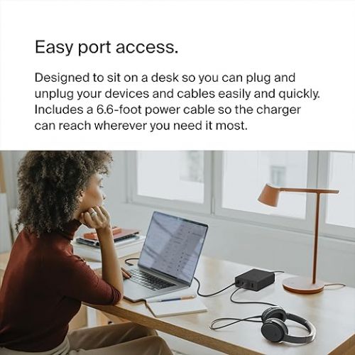 벨킨 Belkin 108W GaN USB Charging Station for Multiple Devices, 2 Type C + 2 Type A Ports Fast Desktop Charger Dock Hub for iPhone, Apple Watch, iPad Pro, Air, Mini, MacBook Pro 16” 14” and Air - Black