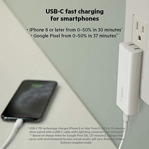 벨킨 Belkin GaN Wall Charger 20W Fast Charging PD USB-C Power Delivery for iPhone 15, 14, 13 & 12 Pro, Pro Max, Mini, iPad, AirPods, Galaxy S22, S21, Plus, Ultra, and More